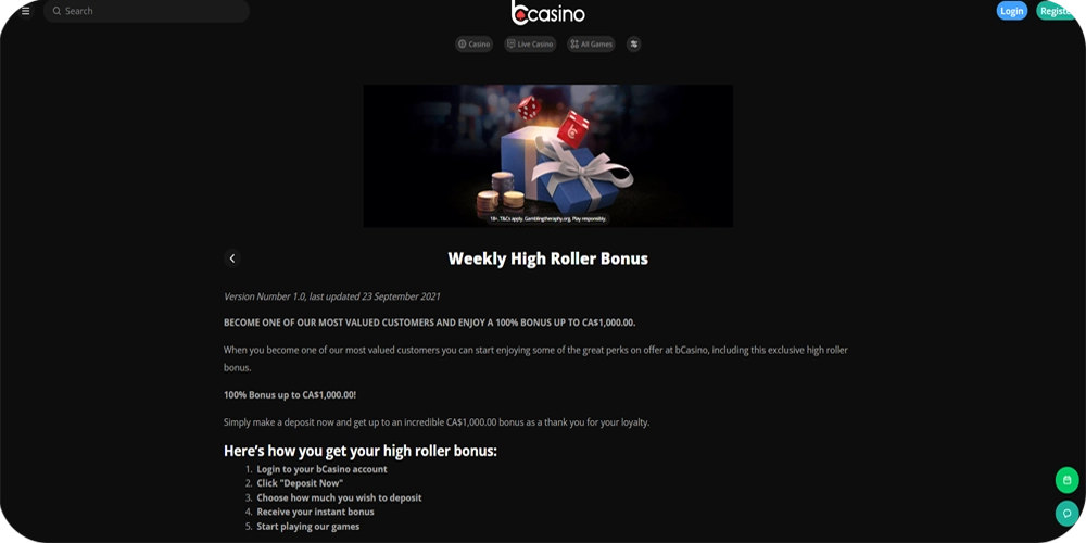 Weekly High Roller Bonus at bCasino Online
